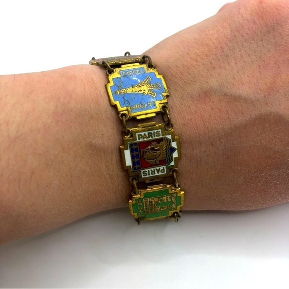 Vtg France Brass Enamel Panel Souvenir Tourist Bracelet 7.3” / .7” Width - Picture 1 of 5